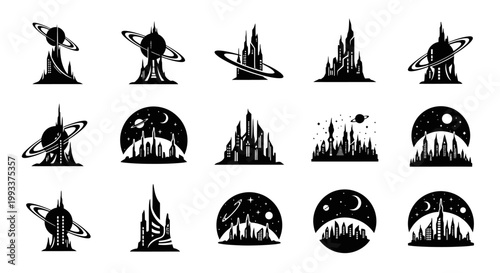 Black silhouette space icons set.