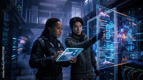 Diverse tech professionals analyzing data on glowing holographic interfaces. Dark server room background, cybersecurity and digital innovation.