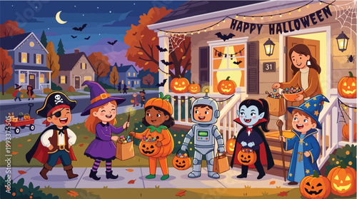 Halloween Trick or Treaters Costumes Vector Illustration Festive Kids Celebrating Spooky Night with Pumpkins and Happy Neighbor