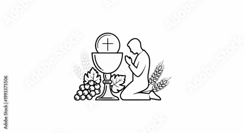 Kneeling figure in prayer before a chalice with communion wafer, grapes, and wheat