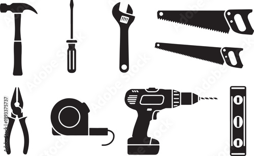 Collection of black and white silhouette of various hand tools and power tools hammer