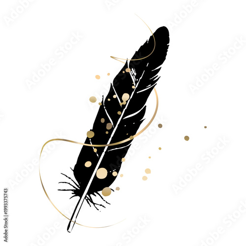 Slim black gold feather luxury illustration elegant branding packaging decor printable digital sales premium modern artistic asset
