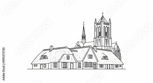 Stylized drawing of a complex of buildings with thatched roofs and a church spire