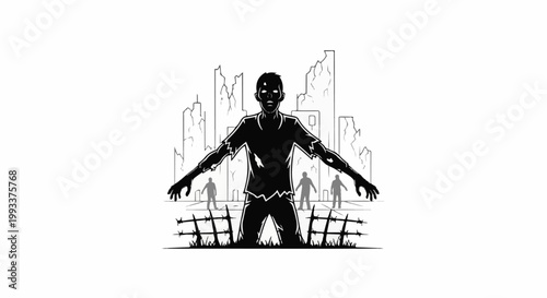 A silhouette of a zombie with arms outstretched in a desolate, ruined city