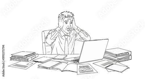 Stressed businessman overwhelmed by paperwork and laptop