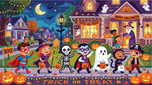 Halloween Trick or Treaters Festive Illustration Vector Kids in Costumes Celebrating Spooky Night with Jack O Lanterns and Haunted House