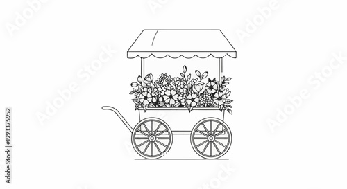 Sketch of a charming flower cart brimming with assorted blossoms and foliage