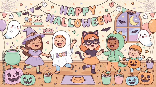 Happy Halloween Kids Costumes Party Illustration Vector Graphic with Pumpkins and Ghosts for Festive Celebrations
