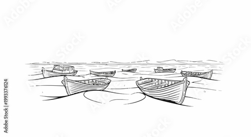 Several small boats rest on a sandy shore with a distant horizon and calm water