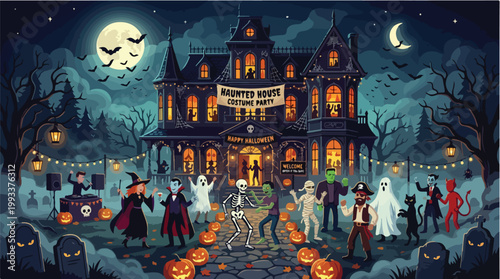 Haunted House Costume Party Halloween Illustration Vector Graphic with Spooky Decorations and Festive Characters