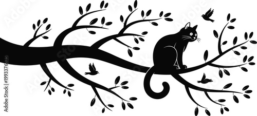 Black cat silhouette sitting on a tree branch with birds flying around leaves and twigs for wall art vinyl decals and interior home decoration