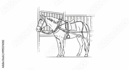 Line drawing of a harnessed horse in a stable stall, ready for work