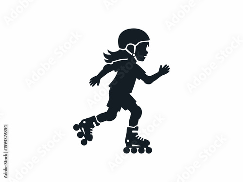 Active girl wearing helmet and protective gear rollerblading on white background