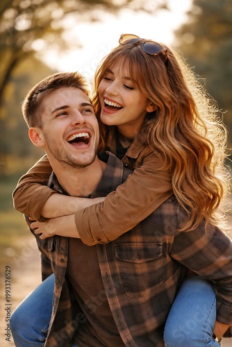 Happy Young Couple Laughing Outdoors with Piggyback Ride in Warm Golden Light Romantic Lifestyle and Joyful Relationship Concept