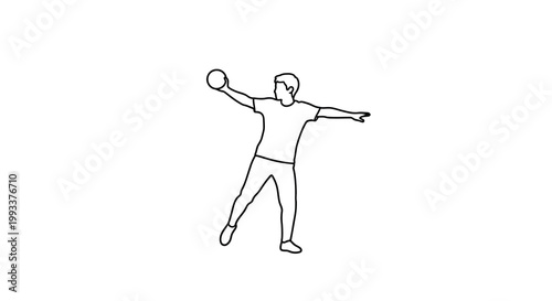 A simple line drawing depicts a man in mid throw seemingly participating in shot put or discus