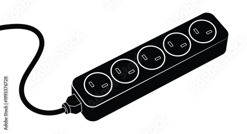 A black and white illustration depicts a power strip with multiple outlets and a connecting cable high quality