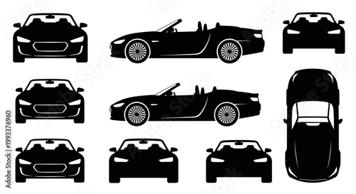 Set of Black Car Silhouettes: Front, Side, Top Views of Sports and Convertible Cars