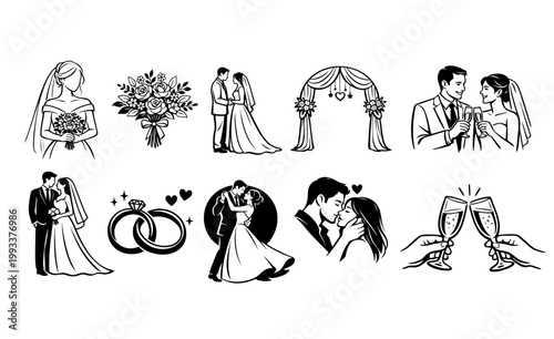 Wedding and Romance Celebration Scenes Featuring Couples Getting Married, Dancing, Kissing, Toasting, and Rings, Perfect for Event Invitations and Decor