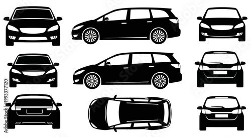 Set of black silhouette car icons: front, side, top views, wagon, estate car, automotive design