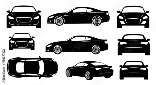 Set of Black Sports Car Silhouettes from Multiple Angles
