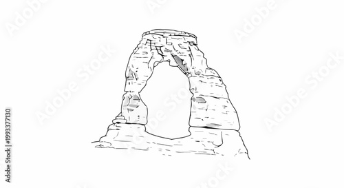 Stylized sketch of a large, eroded sandstone arch with a textured surface against white