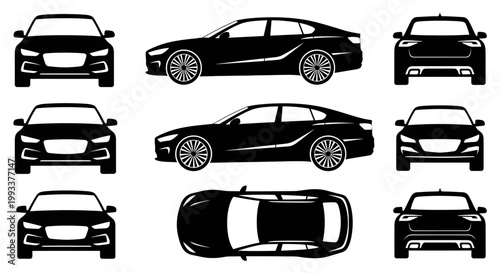 Set of Black Car Silhouettes: Front, Side, Top Views - Modern Automotive Design
