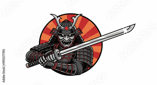 Fierce samurai warrior in ornate armor wields a gleaming katana sword