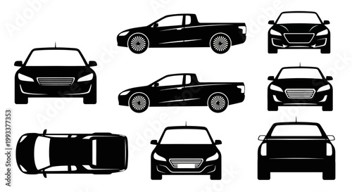 Set of Car Silhouettes: Front, Side, Top Views, and Pickup Truck