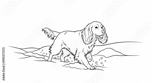 Black and white line drawing of a happy dog running through a field