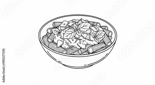 Black and white line drawing of rigatoni pasta with sauce and basil leaves in a bowl