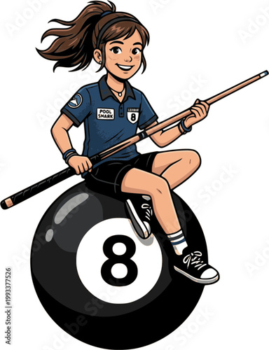 Girl holding billiard cue and sitting on a big 8 ball, isolated on white background. Pool or snooker player print or poster design. Vector illustration. on white background