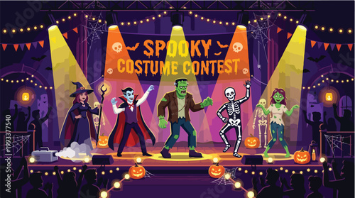 Spooky Costume Contest Halloween Party Vector Illustration with Monster Characters and Stage Lighting