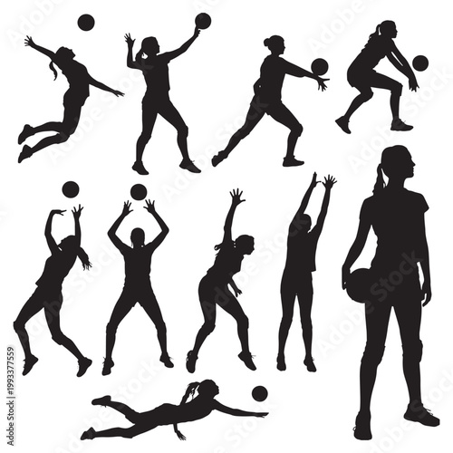 Professional Women Volleyball Player Silhouettes Set in Dynamic Action Poses