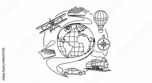 Diverse modes of transportation circle the globe, symbolizing worldwide travel and exploration
