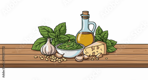 Fresh ingredients for pesto basil, garlic, pine nuts, oil, and cheese