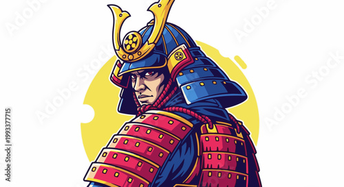 Fierce warrior in traditional samurai armor, striking pose against yellow background