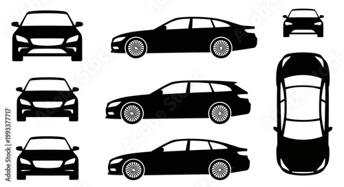 Set of Car Silhouettes: Sedan, Wagon, SUV, Front, Side, Top Views