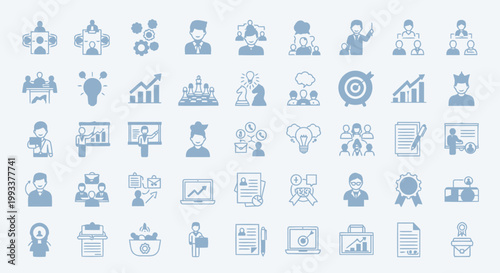 Modern vector icons illustrating key business concepts like leadership, financial success, strategic planning, career development, teamwork, and market analytics