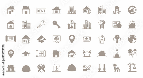 Comprehensive collection of real estate and housing icons, featuring symbols for property, construction, finance, and home ownership, ideal for web and app design projects