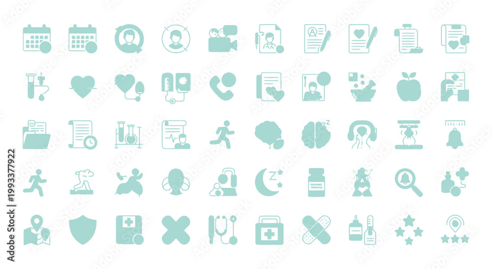 Fototapeta Collection of medical and health-related icons, including calendar, heart, phone, and laboratory equipment