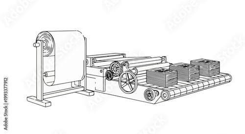 Industrial printing machine processing paper rolls into stacked products on a conveyor belt