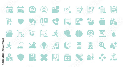 Collection of medical and health-related icons, including calendar, heart, phone, and laboratory equipment