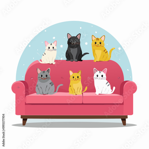 Group of Cute Cartoon Cats Sitting on a Pink Sofa