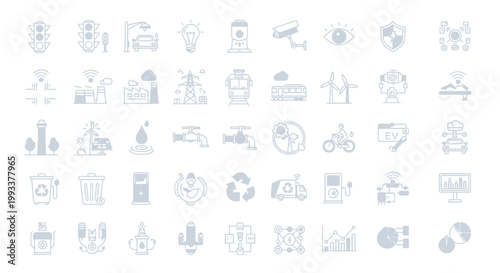 Collection of futuristic technology icons representing smart city concepts, including renewable energy, transportation, and security