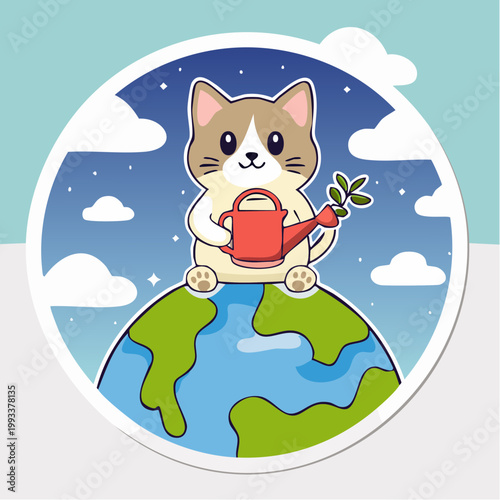 Cute Cat Watering Plant on Planet Earth