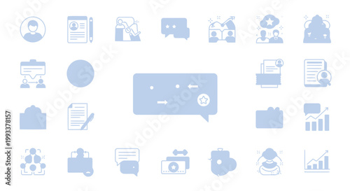 Set of flat design icons representing business, communication, and analytics with a light blue theme on a white background, ideal for digital presentations