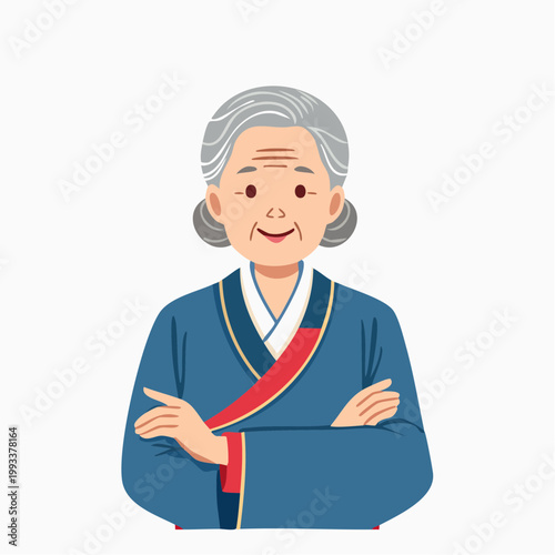 Elderly Woman in Traditional Blue Robe with Arms Crossed