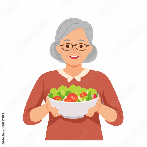 Elderly Woman Holding a Bowl of Fresh Salad