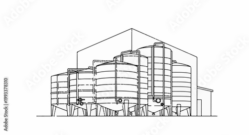 Large industrial tanks connected by pipes under a shelter