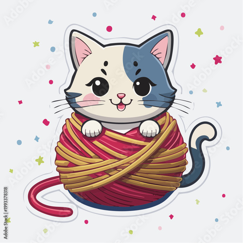 Cute cartoon cat tangled in yarn ball
